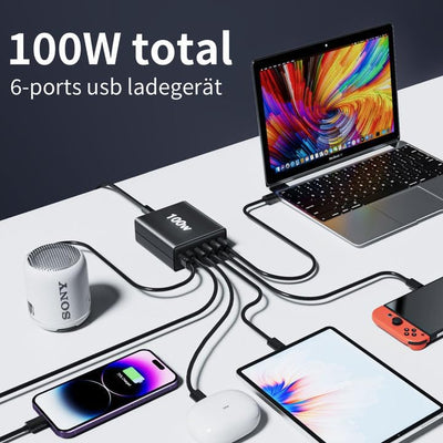 FINIBO USB C Ladegerät Mehrfach: 100W 6-Port Schnellladegerät mit USB-C und USB-A, Tragbarer USB C W