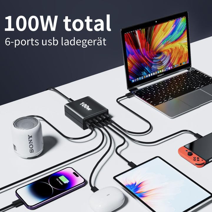 FINIBO USB C Ladegerät Mehrfach: 100W 6-Port Schnellladegerät mit USB-C und USB-A, Tragbarer USB C W