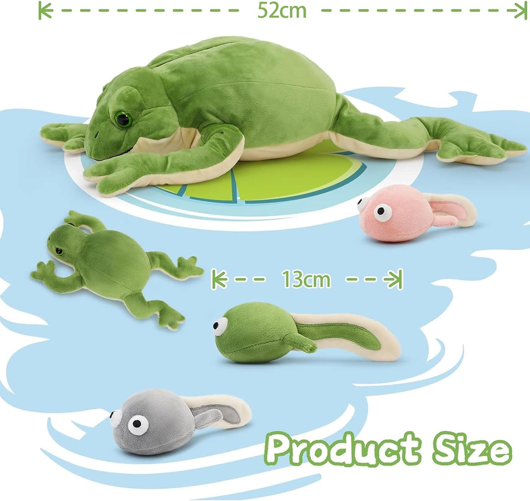 MorisMos 52cm lang Frosch Kuscheltier XXL,Plüschfrosch mit 4 Babys (3 Kaulquappen und 1 klein Frosch