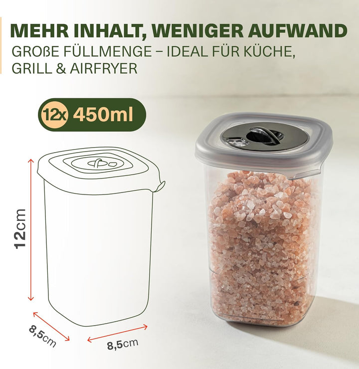 Gewürzdosen Set – 12 Aufbewahrungsdosen mit Streudeckel – BPA-frei, spülmaschinengeeignet, transpare