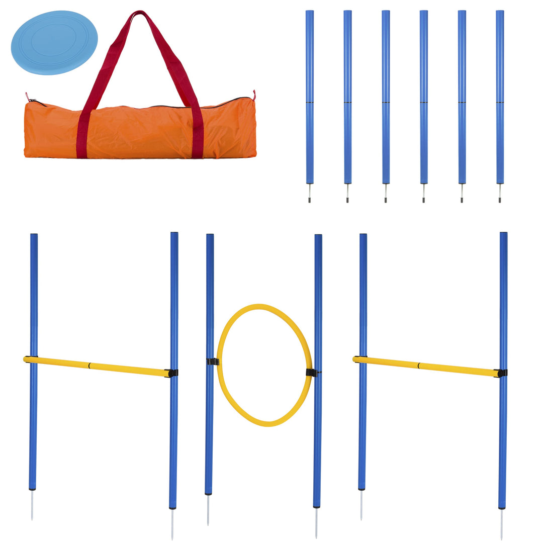 valuents Slalom Stangen mit 2 Hürde + 1 Ring - blau/gelb - Slalomstangen/Hindernis/Sprungring – Agil
