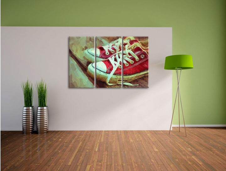 Pixxprint rote Converse Chucks Pinsel Effekt 3-Teiler Leinwandbild 120x80 Bild auf Leinwand