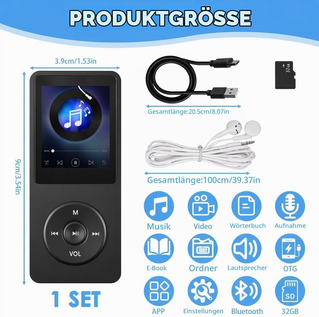 32GB MP3 Player Bluetooth 5.3 mit 1.8" TFT Farbbildschirm HiFi Musik Kinder MP3-Player mit Lautsprec