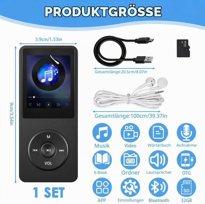 32GB MP3 Player Bluetooth 5.3 mit 1.8" TFT Farbbildschirm HiFi Musik Kinder MP3-Player mit Lautsprec