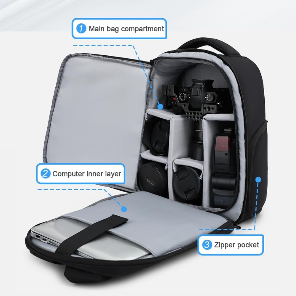 Kamerarucksack, Professionelle Kameratasche für DSLR Spiegelreflexkameras, Wasserdichter Laptop Ruck