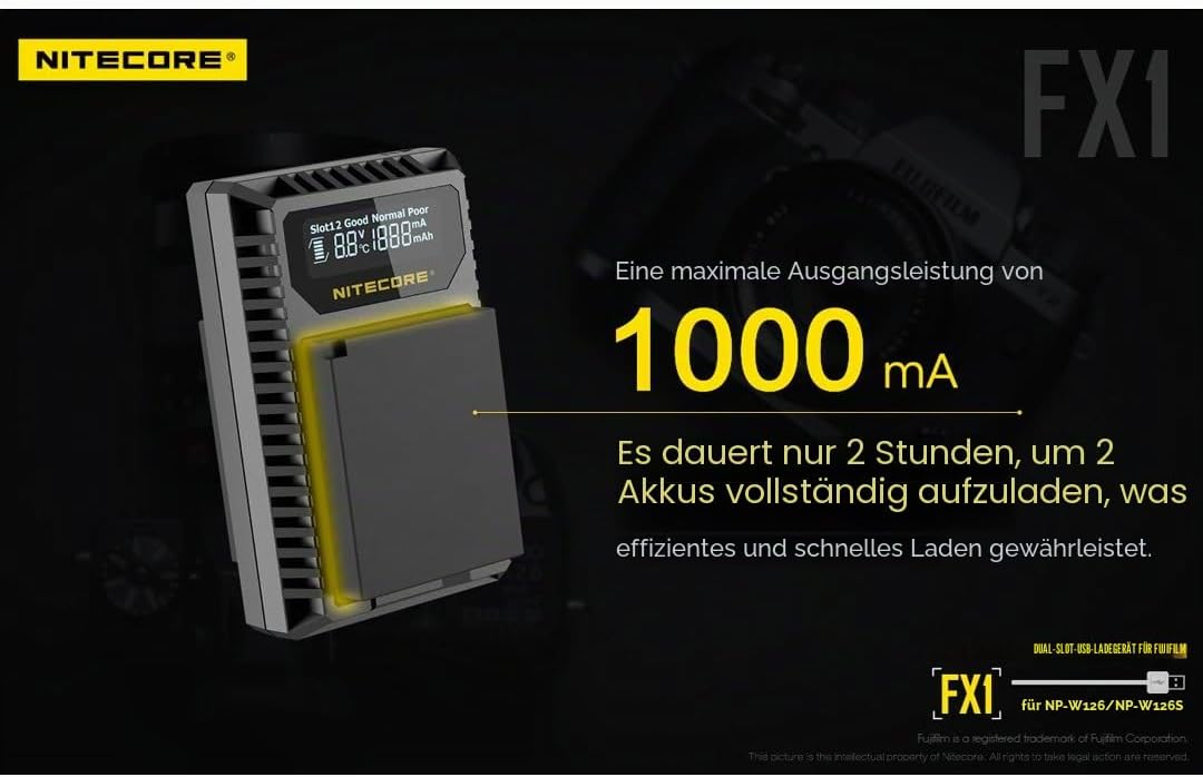 Nitecore FX1 Compacte Dubbel Lader voor Fujifilm NP FW126 (S) + USB, Schwarz Fuji W126/s, Fuji W126/