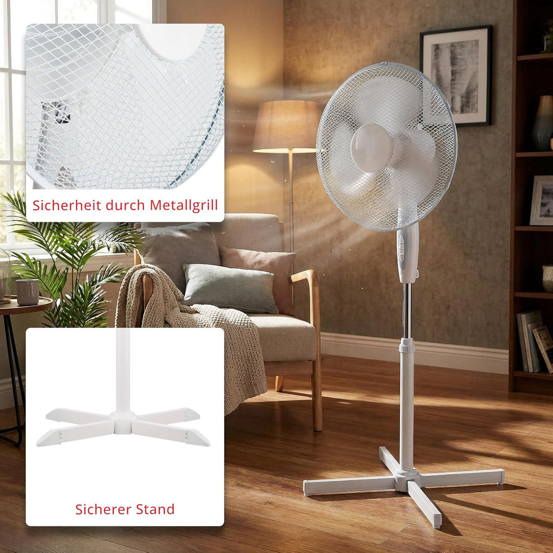 Grafner Standventilator 40 cm, 3 Geschwindigkeitsstufen, höhenverstellbar 105–120 cm, 80° Schwenkfun