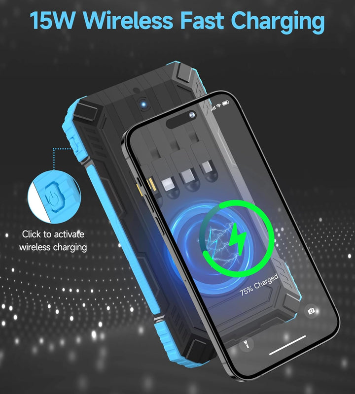 56800mAh Solar Powerbank, Wireless Power Bank gross mit 4 Kabeln, 30W PD Schnellladefunktion, 6 Ausg