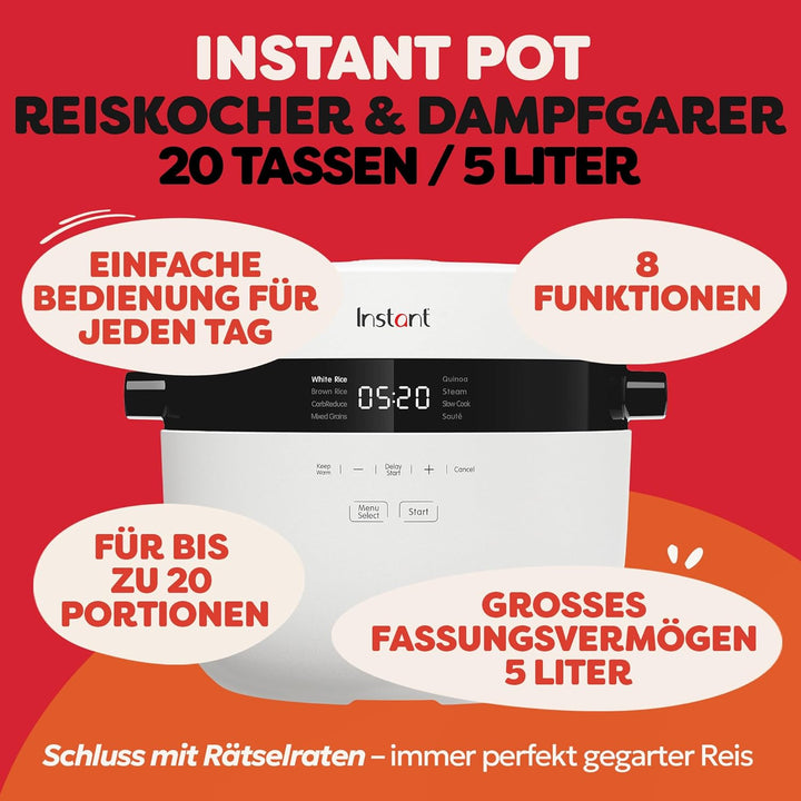 Instant Pot Reiskocher & Dampfgarer, 5L (20 Tassen) – Antihaft-Kochtopf, spülmaschinenfest, Dämpfein