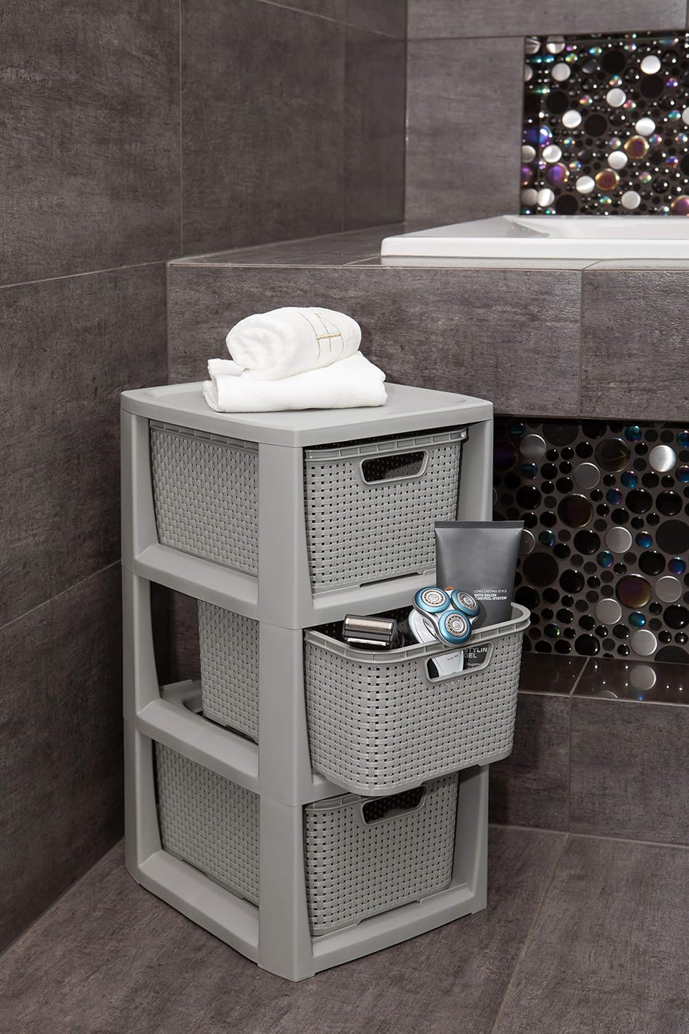 BranQ - Home essential Regal in Rattan Design, BPA-freie Kunststoff PP, Hellgrau, 29,5x24x48,7 cm, 3