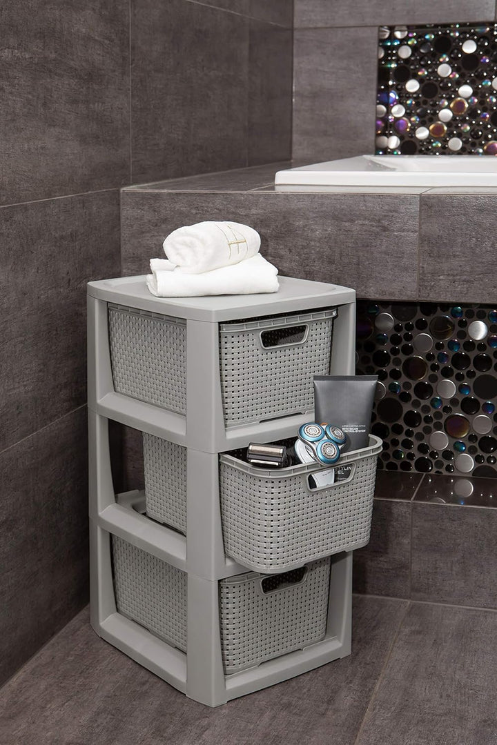 BranQ - Home essential Regal in Rattan Design, BPA-freie Kunststoff PP, Hellgrau, 29,5x24x48,7 cm, 3