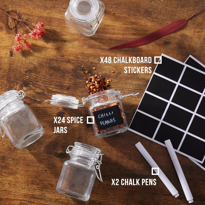 Oak & Steel - 24 Gewürzgläser mit Bügelverschluss, 48 Etiketten und Stift 100ml - Ideal für die Aufb