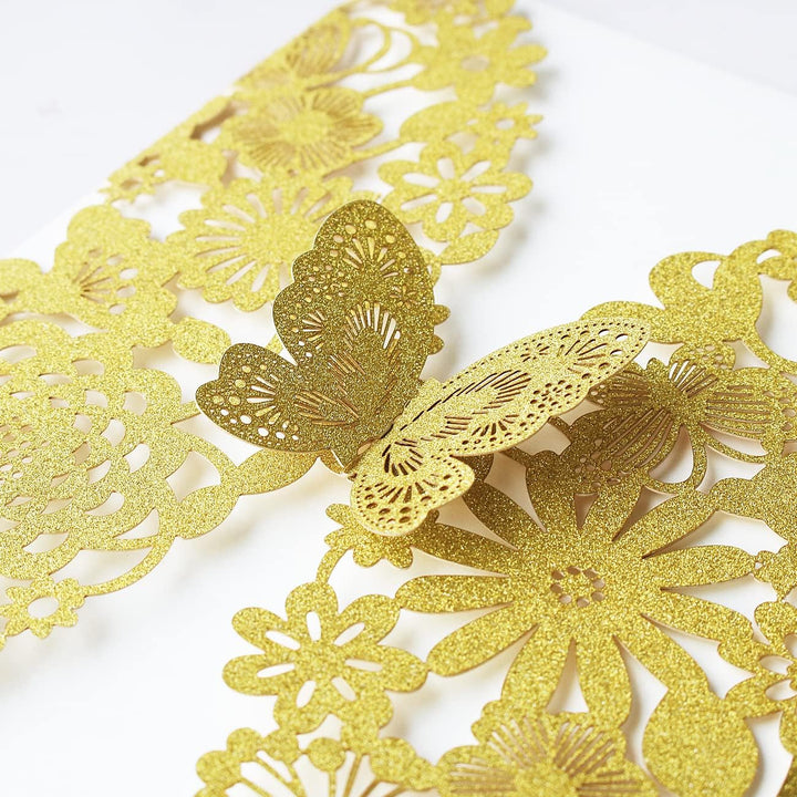 Hosmsua 20x Golden Glitzer Laserschnitt Spitze Flora Hochzeit Einladungskarten mit Schmetterling und