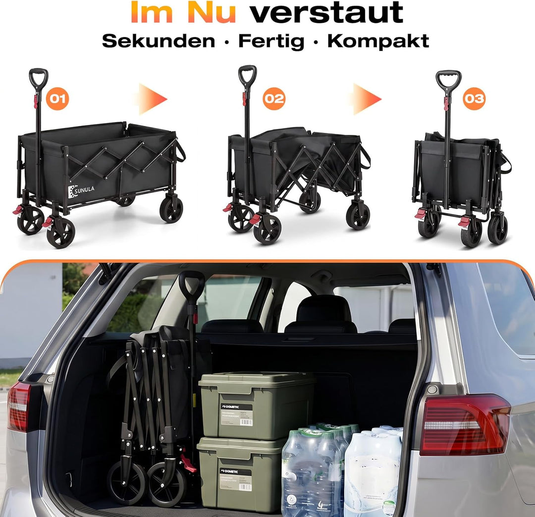 SUNULA Bollerwagen Faltbar Klein mit Heckklappe klappbar 80L+35L，Handwagen mit erweiterbare Ladefläc