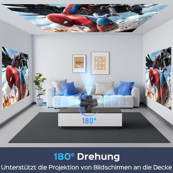 mentech Mini Beamer, 180° Drehbarer Mini Projektor mit WiFi und Bluetooth, 130" Smart-Projektor mit
