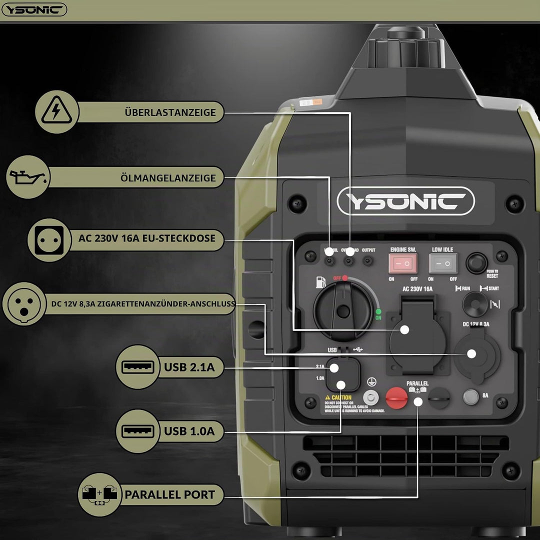 YSONIC 2000 Watt Wechselstrom-Generator Inverter mit 2x USB, 230 V Steckdose - 58dB leiser leichter
