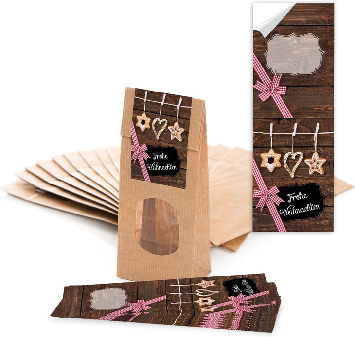 Logbuch-Verlag 100 braune Papiertüten mit Fenster 7 x 4 x 20,5 cm + 100 Aufkleber Frohe Weihnachten