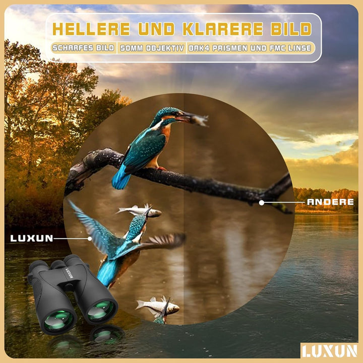 LUXUN 12x50 HD Fernglas für Erwachsene, Fernglas mit Smartphone Adapter Tragetasche, 20mm grosses Ok