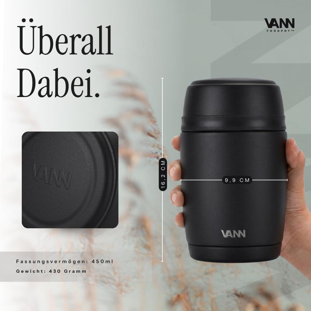 VANN Thermobecher für Essen 450 ml – Thermobehälter [16h kalt, 9h warm] – Recycelte Edelstahl Thermo