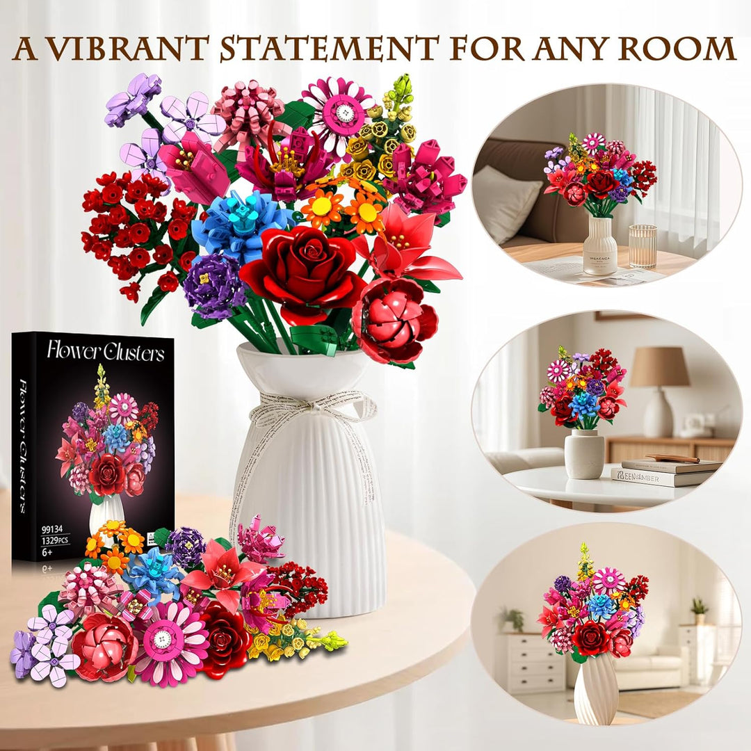 Blumen-Bausteine-Set, 1329 Teile, zeitloses Blumenstrauss-Set mit 14 verschiedenen Blumenarten, DIY-