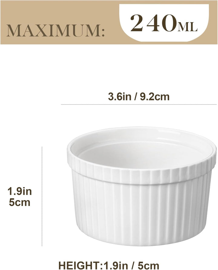 MALACASA Creme Brulee Schälchen 6er Set, Ø 9cm - 240 ml Souffle Förmchen Backofenfest, Porzellan Ofe
