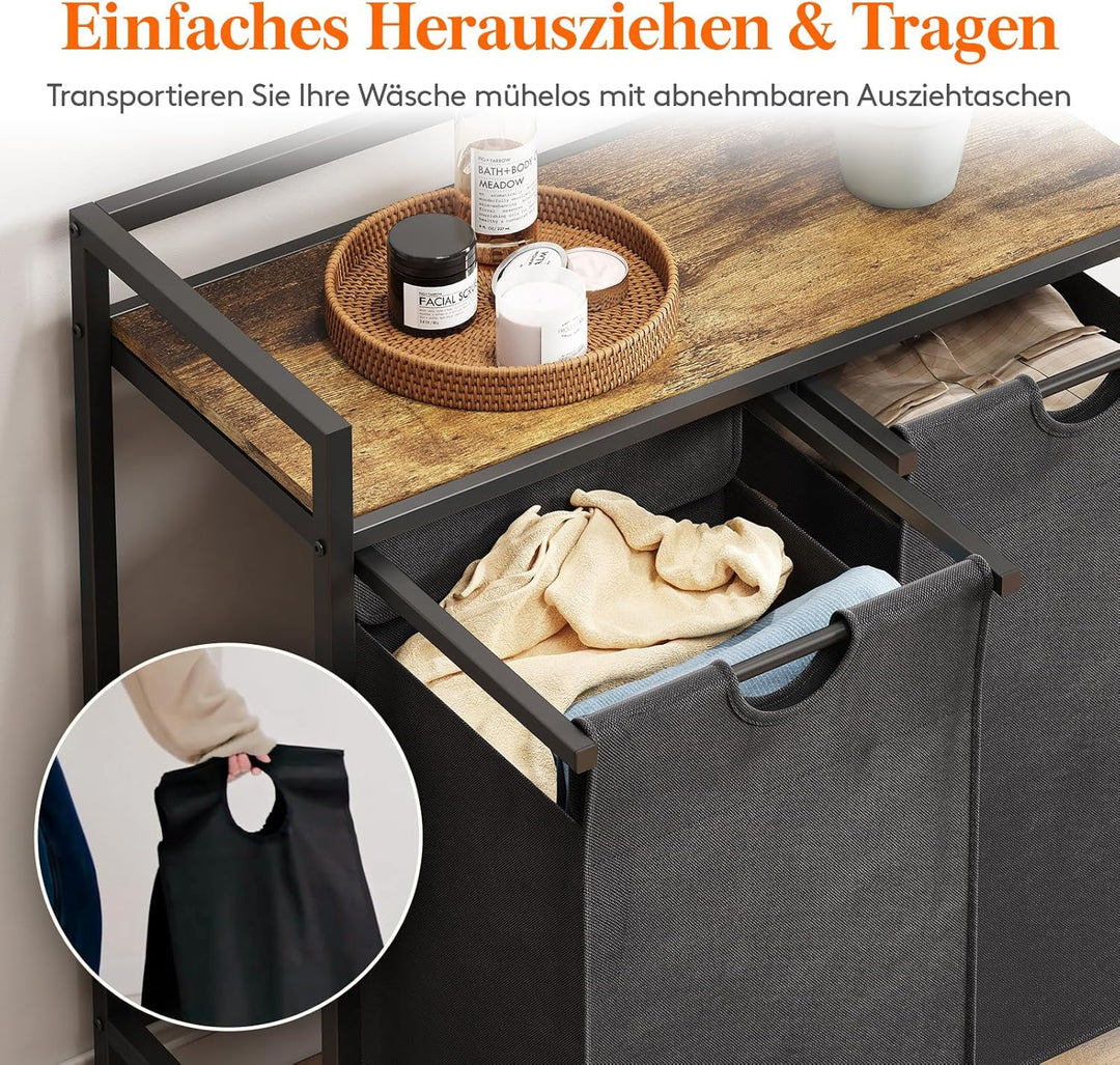 Lifewit Rollbarer Wäschekorb, 95L 2 ausziehbare Wäschekörbe für Wäsche mit oberem Regal & 2 abnehmba