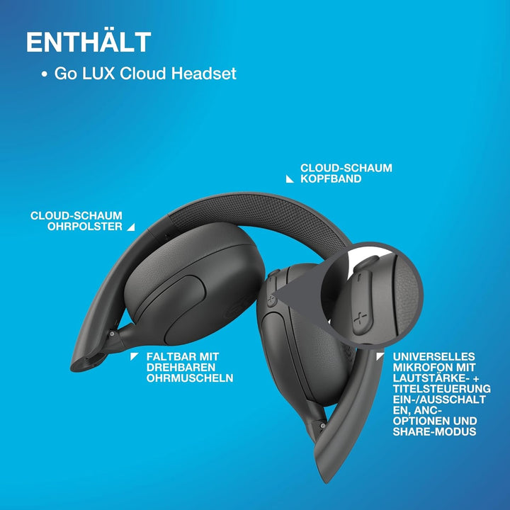 JLab Go Lux ANC Kopfhörer Noise Cancelling - Kabellose Bluetooth On Ear Kopfhörer mit Mikrofon, Akti