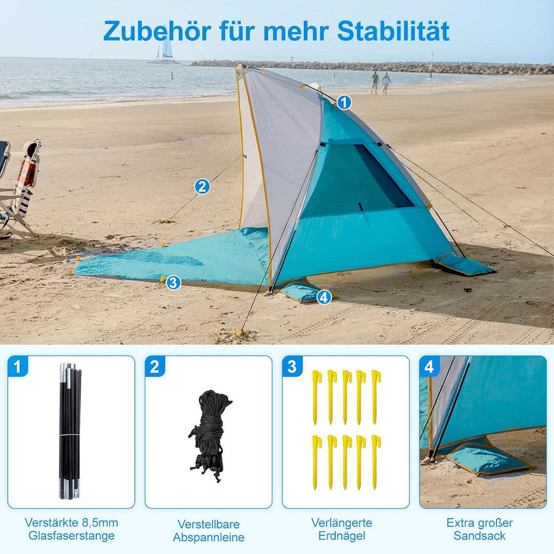 Wolfwise Strandmuschel mit UV-Schutz 50+, 2-3 Personen Strandzelt, Sonnenschutz und Windschutz mit e