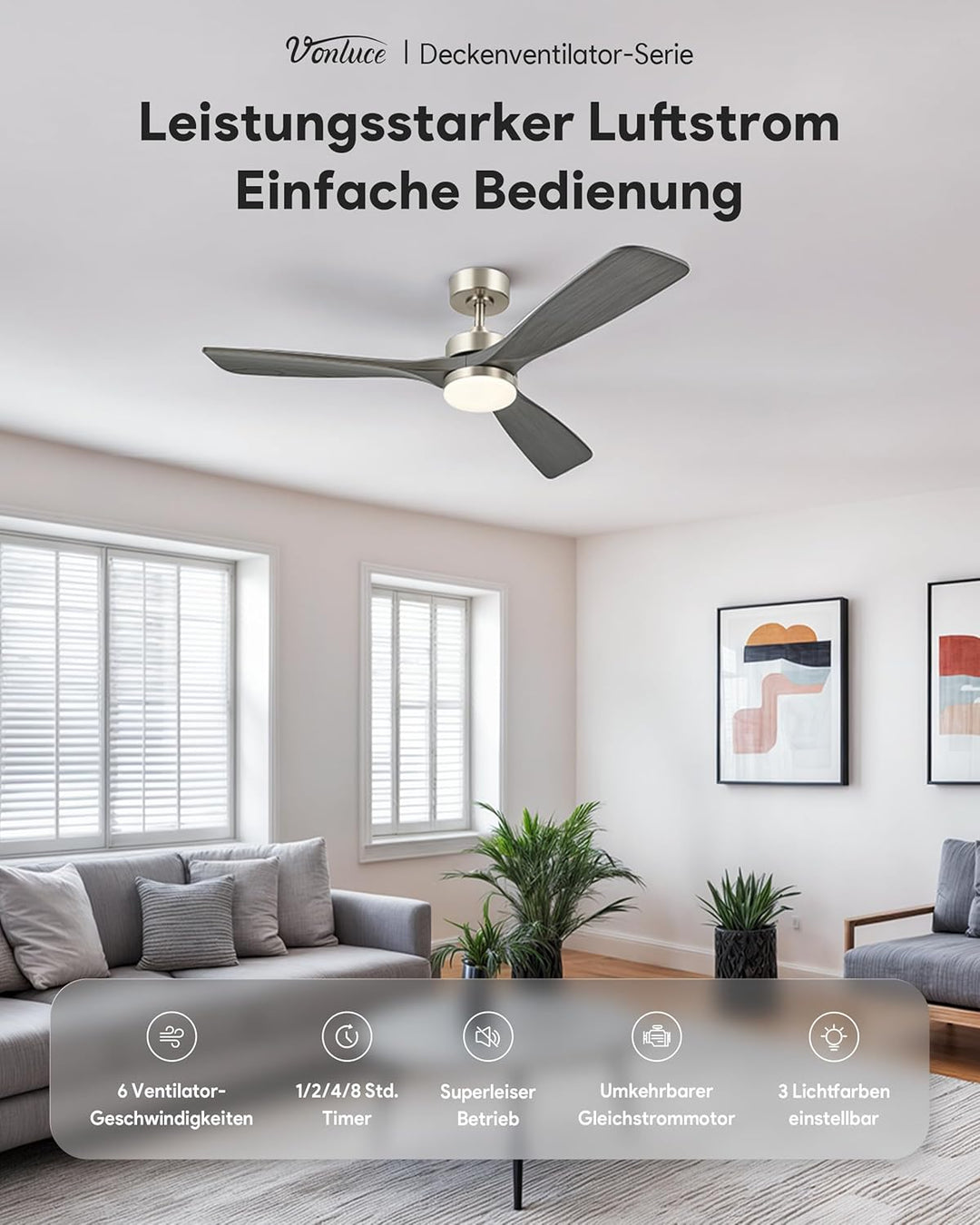 VONLUCE Deckenventilator mit Beleuchtung und Fernbedienung, 132 cm, 3 Flügel, leiser 6-stg. DC-Motor