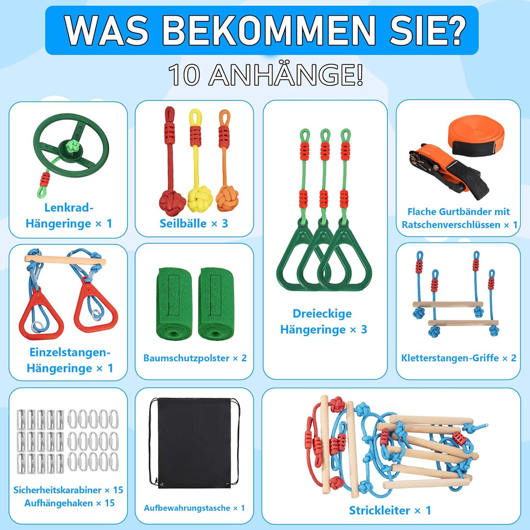 Ninja Warrior Slackline Set für Kinder, Ninja Line Kinder, Slackline 15M Hindernisse Set, Turnringe