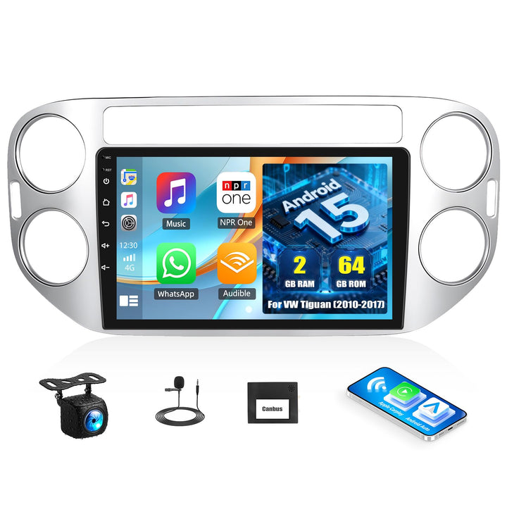 CAMECHO 2G+64G Android 15 Autoradio für VW Tiguan (2010-2017) mit Navi Wireless Carplay Android Auto