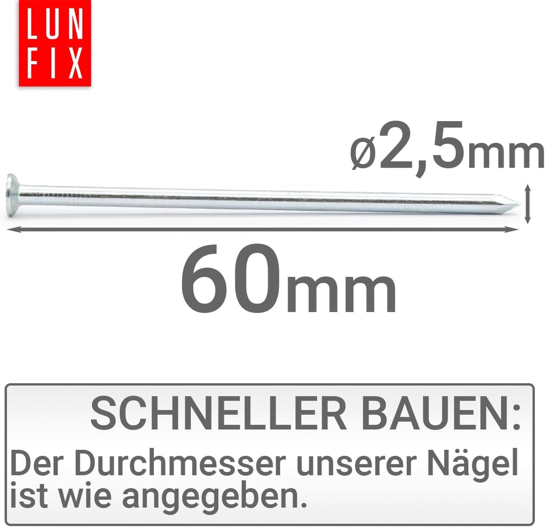 Stahlnägel 2,5 x 60 mm - 5kg (ca. 2200 stk.) – verzinkt, mit Senkkopf, 60mm lang (2.4"), Drahtstifte