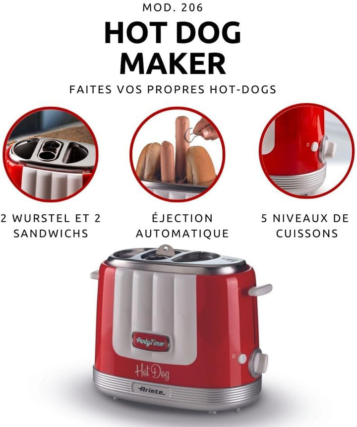 Ariete Hot Dog Maker Party Time 206, Hot Dog-Maschine mit 4 Garräumen, 5 Garstufen, Automatischer Au
