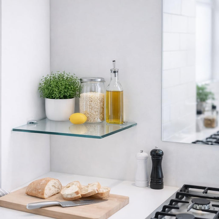 Euro Tische Glas Eckregal 25 x 25 cm, Wandregal für Badezimmer, Duschregal Bad, Glas Badregal mit 6m