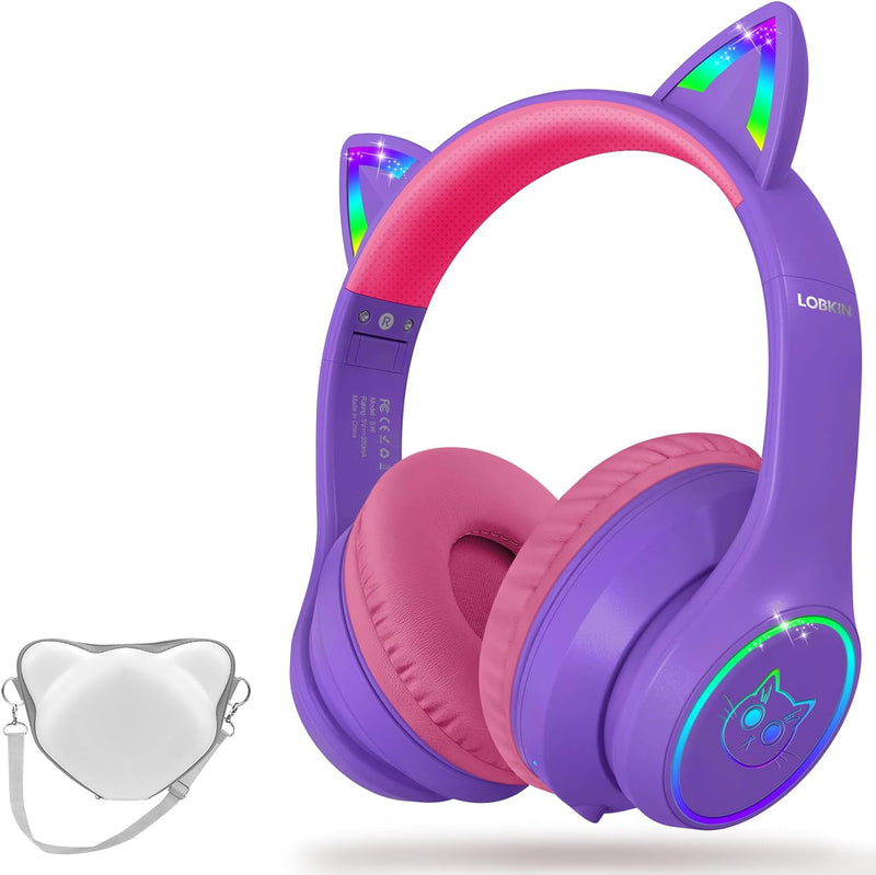 LOBKIN Bluetooth 5.3 Kinder Kopfhörer mit Tasche - RGB LED-licht Katzenohren Faltbare Stereo Headset