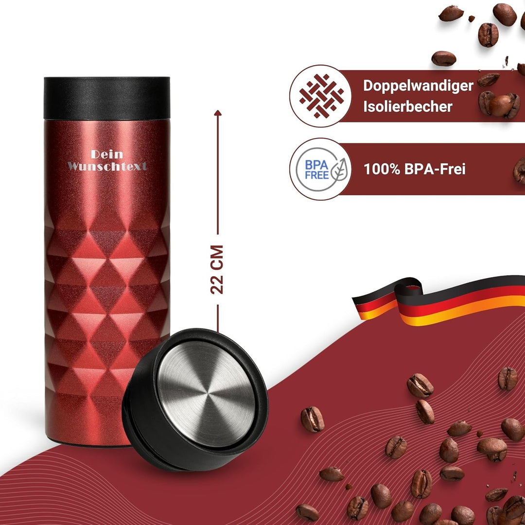 Edelstahl Thermobecher personalisiert – 100% auslaufsicherer & thermoisolierter Kaffeebecher – 450 m