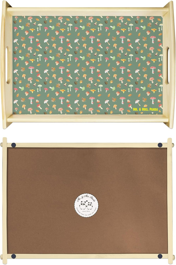 Mr. & Mrs. Panda Tablett Pilz Wald - Geschenk, Holztablett, Muster, Pilze, Snack, Servier, Laub, Ser