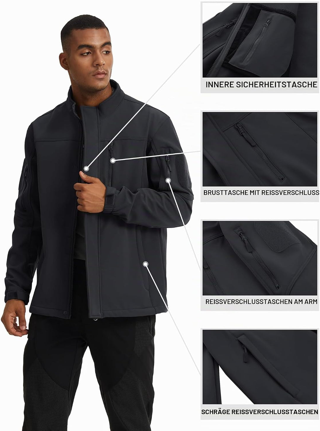 TACVASEN Herren Softshell Jacke Winddichte Warme Fleece Outdoorjacke Übergangsjacke mit Reissverschl