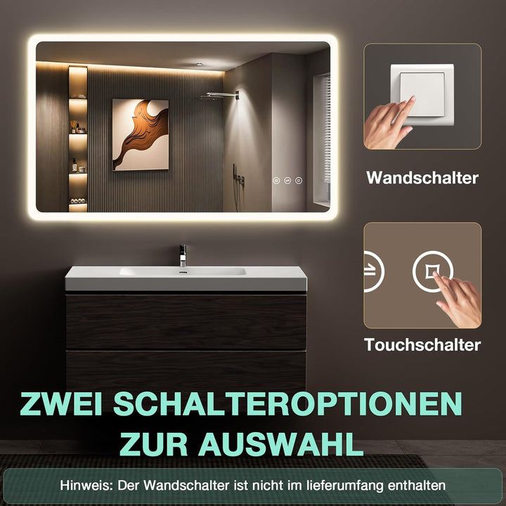 Badspiegel mit Beleuchtung 100x60 cm, Rechteckig, Touch-Schalter, Dimmbar, 3 Lichtfarbe Einstellbare