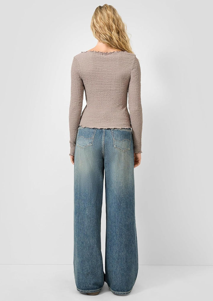 QS Damen Strukturiertes Langarmshirt T-Shirt Langarm XL 9625_hellbraun, XL 9625_hellbraun
