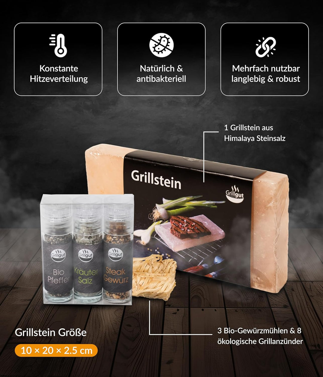 Landkaufhaus Mayer® Grillset Geschenk – 1 Grillstein aus Steinsalz aus der Saltrange in Pakistan Bez