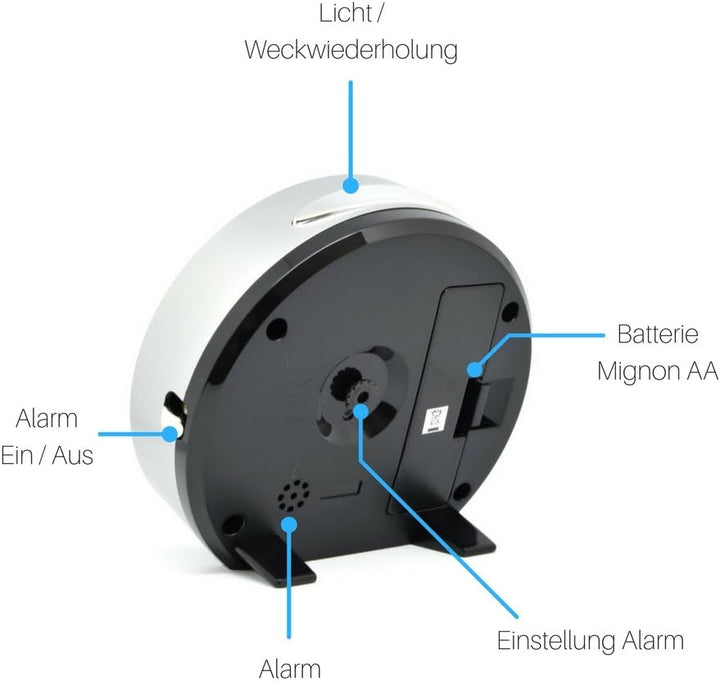 Eichmüller Wecker Analog mit Licht und Weckwiederholung - batteriebetrieben rund in Silber mit Ziffe