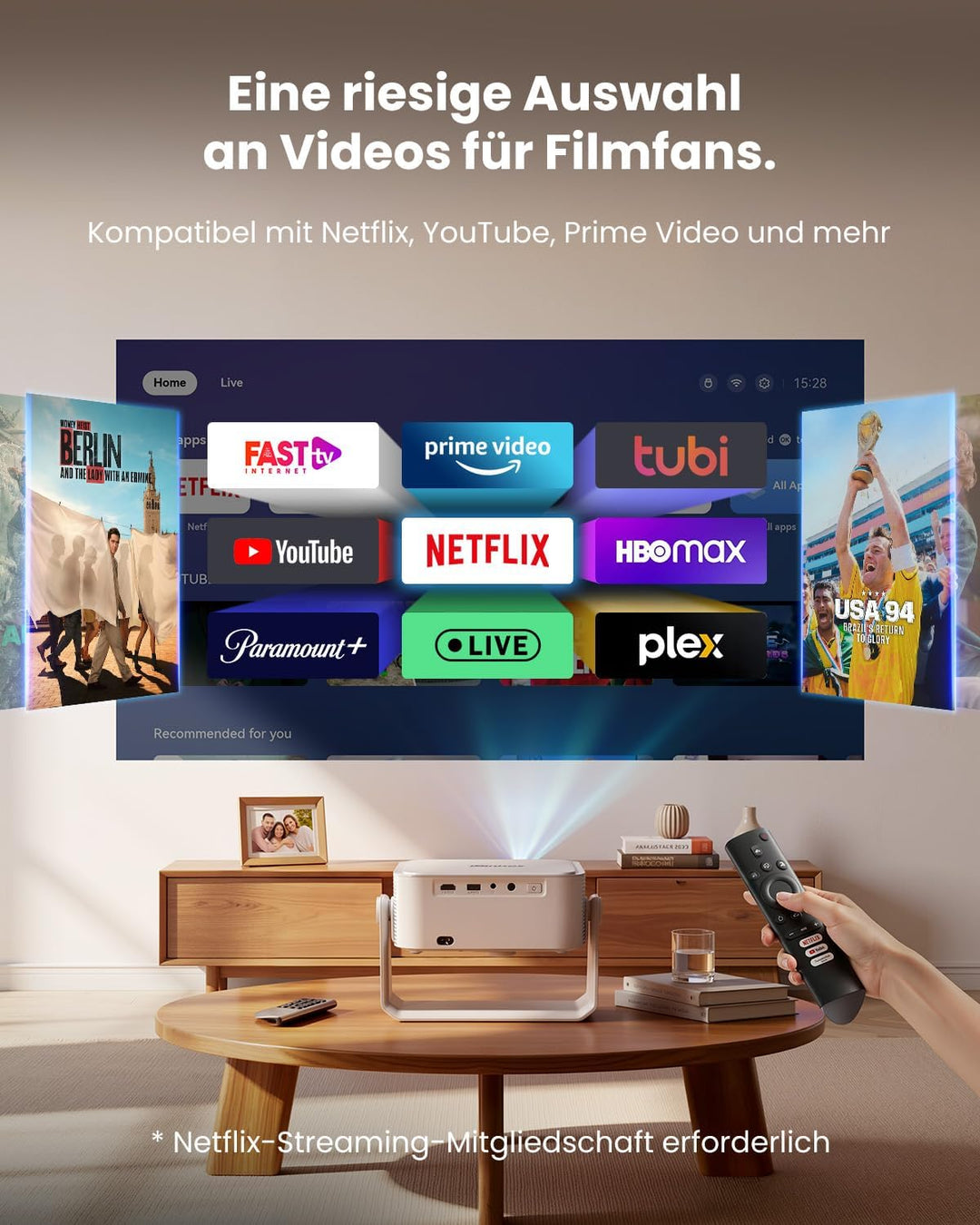 iSinbox 4K Beamer Outdoor mit Netflix, 2x20W Dolby &amp; DTS, HDR10+, WiFi 6 Weissgrau, Weissgrau