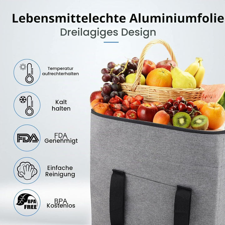 Grosse Kühltasche faltbar 20 L–Faltbare Einkaufstasche mit 2 Kühlboxen, Graue Picknicktasche mit Iso