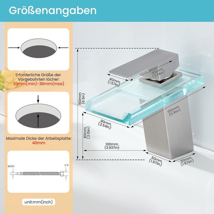 Wasserhahn Bad,Wasserfall Armatur Badezimmer Glas,Einhand-Waschtischarmatur,Gebürstet, Gebürstet