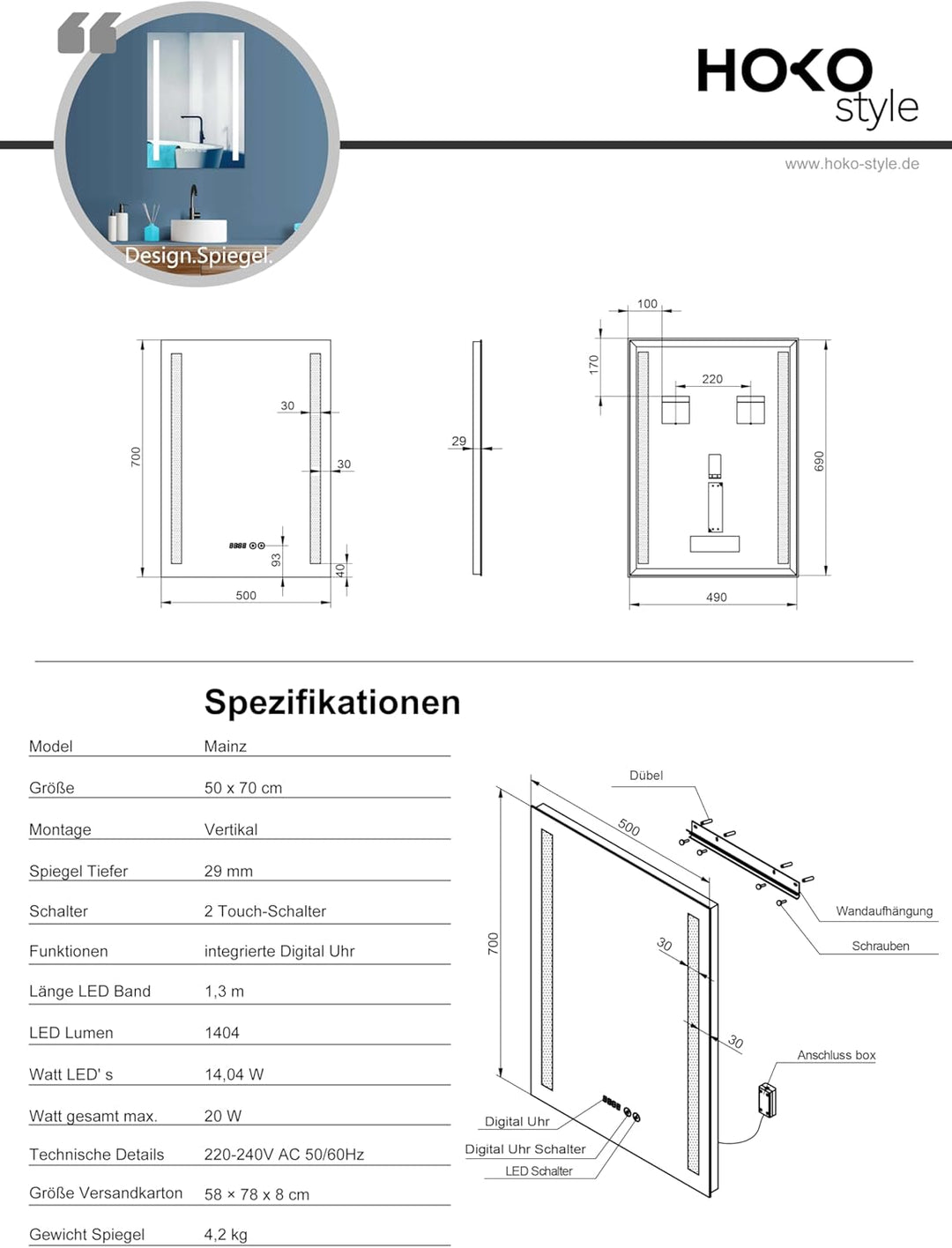 HOKO® LED Badspiegel 50x70 cm. Moderner Badezimmerspiegel mit Uhr. Design Bad Spiegel mit Beleuchtun