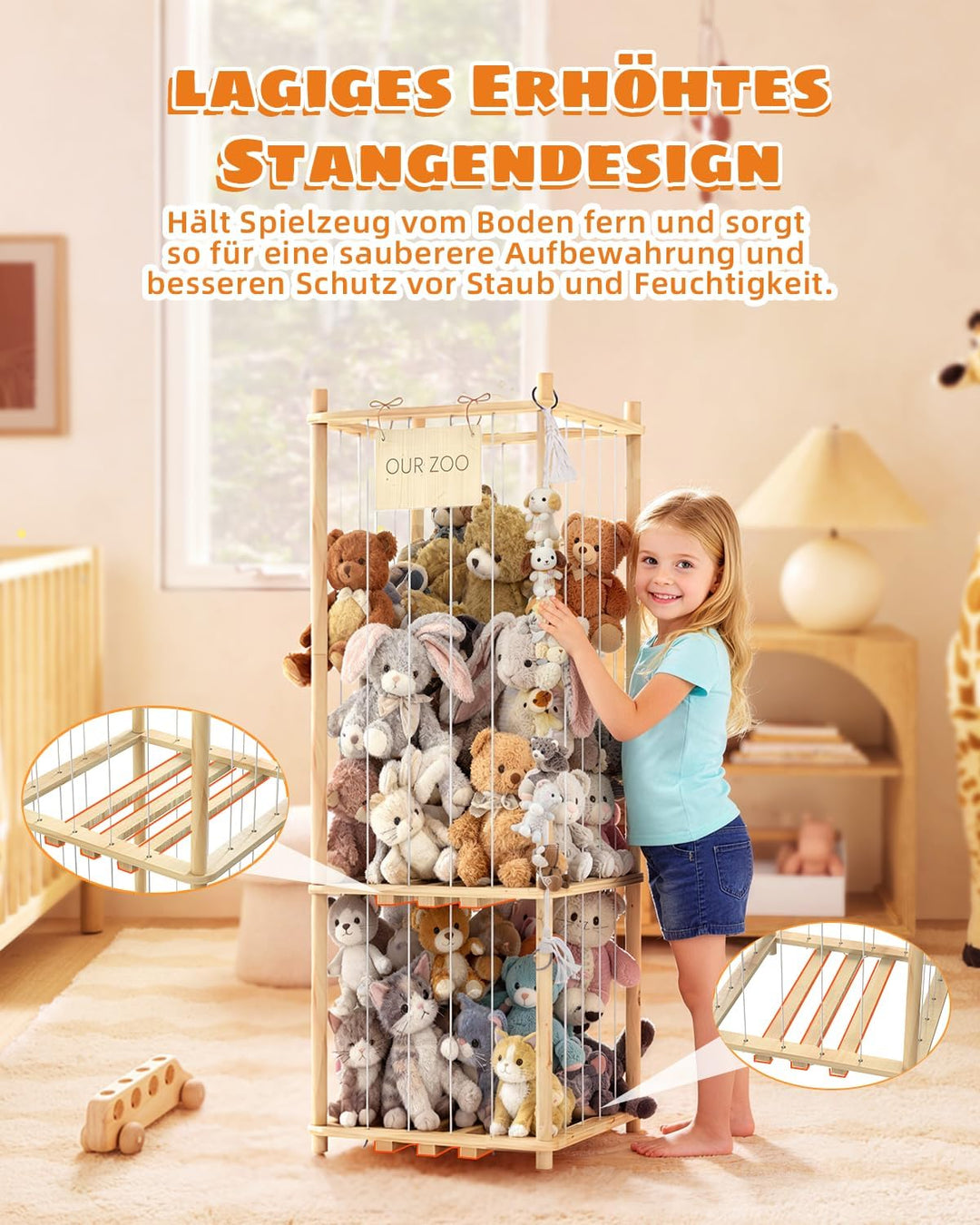 JINDUN Kuscheltier Aufbewahrung Aus Holz, 135cm Höhe Aufbewahrung Kuscheltiere, mit Stofftier Aufbew