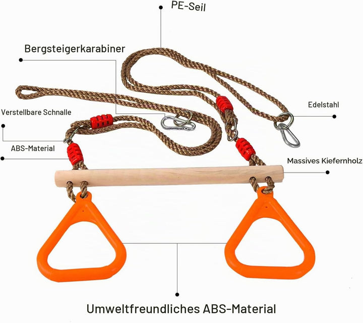 PELLOR Multifunktions Kinderholz Trapeze Schaukel mit Kunststoff Turnringe zum Aufhängen belastbar b