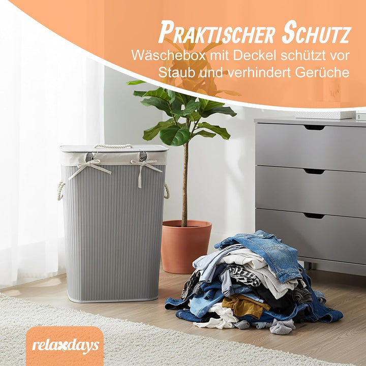 Relaxdays Wäschekorb mit Deckel, Bambus, 80 Liter, Faltbarer Wäschesammler, HxBxT: 60 x 40 x 30 cm,