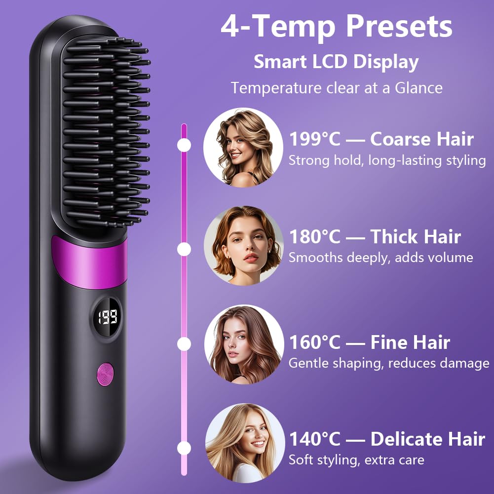 LOPHE Glättbürste, 2 in 1 Haarglätter Bürste mit LED Display, Hair Straightener Kabellos und Verbrüh